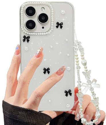 XQAGU Phone Case for iPhone 11 Pro Max Clear Glitter Case Cute Bow Knot Aesthetic Girly Phone Case with Phone Charms Chain Bracelet Soft Protective Cover for iPhone 11 Pro Max-Black Bow