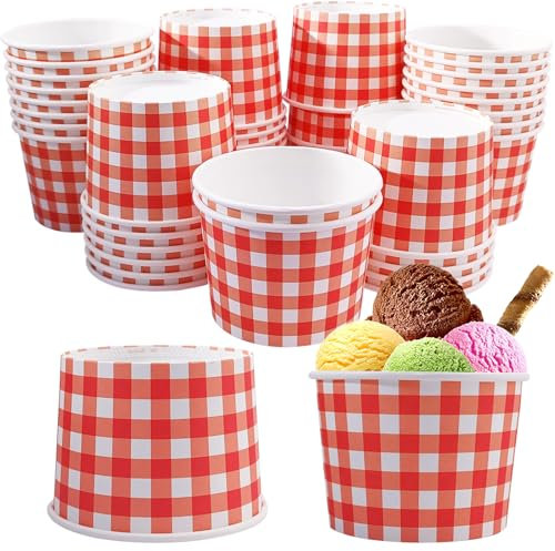 50 Pcs Gingham Ice Cream Cups ThanksGiving Day Treat Bowl Buffalo Plaid Paper Cups Christmas Food Containers Halloween Snack Bowl For Hot Cold Soup Yogurt (Red White)