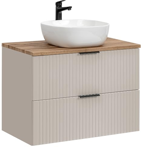 Lomadox Badezimmer Waschtisch 80cm, in Kaschmir und Eiche, mit 2 Softclose-Schubladen mit Keramik-Waschbecken