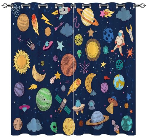 YUANZU Raum Vorhänge Planeten Astrologie Rakete Kosmisch Ösen Gardinen mit Blickdichte Vorhang Kälteschutz Blackout Curtain Kinderzimmer Schlafzimmer Verdunkelung Fenster, 2 Stück, H 160 x B 106 cm
