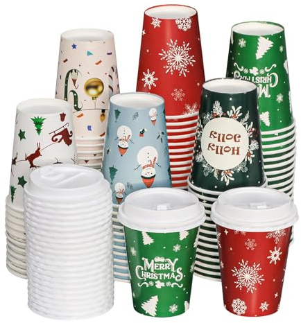 SUREPHON 60 Pcs 12 oz Christmas Disposable Coffee Cups with Lids, To Go Coffee Cups for Hot Chocolate, Drinks and Christmas Party Decoration Supplies