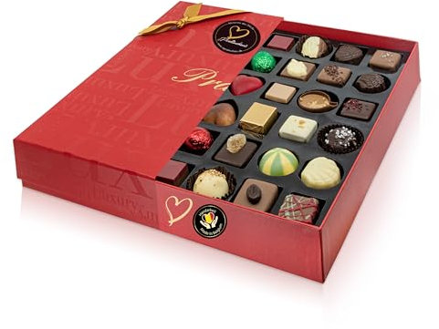 ePralinchen rote Luxusbox handverarbeitete belgische Luxus-Pralinen | hochwertige Box mit 600g Pralinen in Kaffee, Himbeere, Orange, Salzkaramell, Haselnuss uvm. | köstliche Schokolade made in Belgium