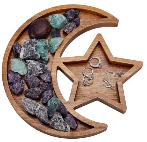 FINGERINSPIRE Soporte de Madera para Cristales para Piedras Bandeja de Madera con Forma de Luna Y Estrella Bandeja de Exhibición de Cristales Curativos Cuenco con Forma de Media Luna Plato con Forma