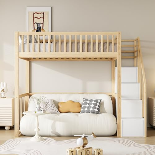 NNJN Cama alta con escalera de almacenamiento de seguridad, estructura de madera de pino maciza, para niños y adolescentes, 90 x 200 cm (cama alta)