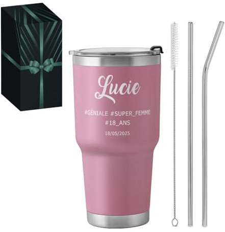 Maverton Mug Isotherme Personnalisable Rose en Acier Inoxydable 800 ml - Gobelet Isotherme avec Paille et Boîte Cadeau - avec brosse de nettoyage - Cadeau Femme Anniversaire 18 ans