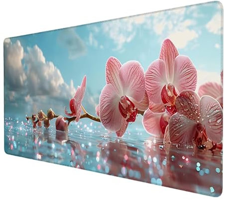 Schreibtischunterlage, Orchidee Mauspad XXL 150 x 60 cm, Erweitertes Gaming-Mauspad mit Genähten Kanten, Rutschfeste Wasserdichte Gummiunterseite Mauspad See, für Büro, Zuhause, Schreibtischdekor X-3