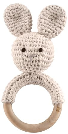 MayLily - Rassel & Beißring Hase – Handgefertigtes - Spielzeug für Babys - Holz Baby Rassel Greifling - Babyrassel Holzspielzeug Beißring für Mädchen und Junge - Geschenk zur Geburt (Beige)