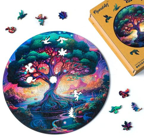 Figured'Art Holzpuzzle Erwachsene und Kinder 200 Teile - Mystischer Baum - Originelles Design 28,5x28,5 cm Einzigartige Form mit Premium-Holzkiste