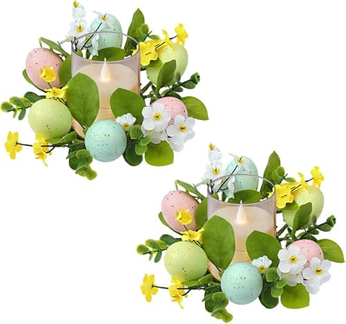 Kerzenring Osterkranz Osterdeko Kerzenkranz für Stabkerzen Osterkerzenringe Kränze Ostereier Kerzenringe Osterkerzenkranz Künstliche Blumenkränze Kerzenkränze Osterkerzenring Ostern Tischdeko (2PCS A)
