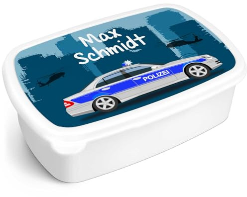 GRAVURZEILE Bedruckte Lunchbox - Polizei - Personalisiert mit Namen - Brotdose für Kinder - Individuell bedruckt mit Wunschmotiv - Platzsparend stapelbar - Perfekt für Schule & Kita - Farbe: Weiß