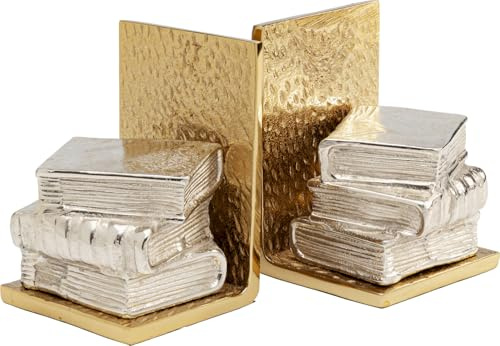 Kare Design Buchstütze Corner (2/Set), Gold/Silber, Deko Objekt, Accessoire, Bücher Motiv, Aluminium Gestell, Zimmerdekoration, Wohnzimmer, Home Office, Handgearbeitet, 23x15x12 cm (H/B/T)