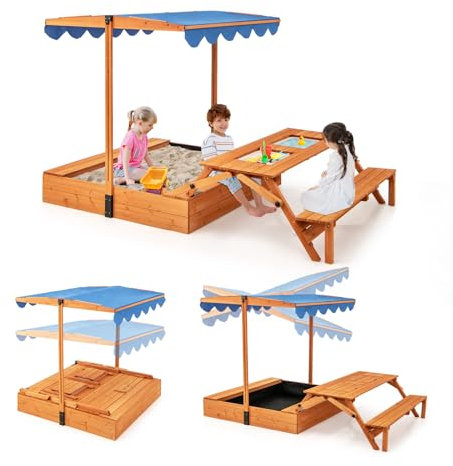 GOPLUS Sandkasten mit verstellbares Dach, 3 in 1 Sandkiste mit Klappbarer Tisch & Klappbank, Kinder Sandbox aus Tannenholz, Kindersandkiste mit Bodenplane, 120 x 120 cm, für Kinder ab 3 Jahren
