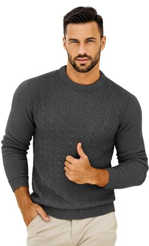 VEARZ Unisex Mens Casual Lightweight Crew Neck Winter Jumpers Cable Knitted Pullover - Adults Classic Soft Long Sleeve Thermal Sweater Tops for Men UK, Charcoal M