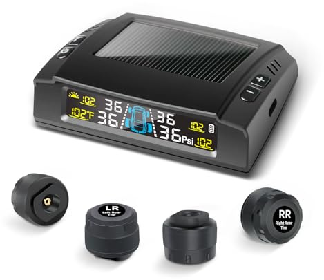 Masoll RV Tire Pressure Monitoring System, M23 Tire Pressure Monitor with Solar Charge & Auto Calibration, TPMS with 4 Sensors & 6 Alarm Modes & HD Color Display, 0-87 PSI for RV/Trailer/Camper/Sedan
