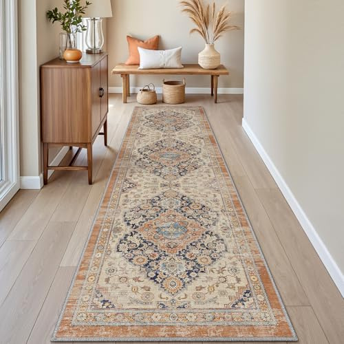 DEXI Läufer Flur 60 x 210 cm, Waschbar und rutschfest, Orange | Dünne Vintage‑Stil Läufer Teppich, Schmutz & Wasser Teppichläufer für Flur, Hauseingänge, Küche, Waschküche