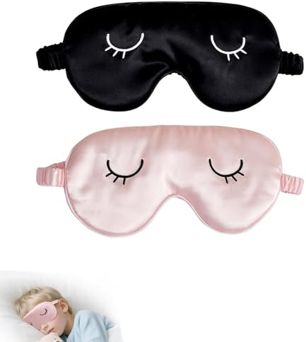 Masque de Sommeil en Soie,2 Pièces Masque Yeux Voyage,Cache Oeil Soie avec Sangle Élastique,Masque de Nuit Ultra Confortable Masque de Sommeil pour Enfants Hommes Femmes(Noir et Rose)