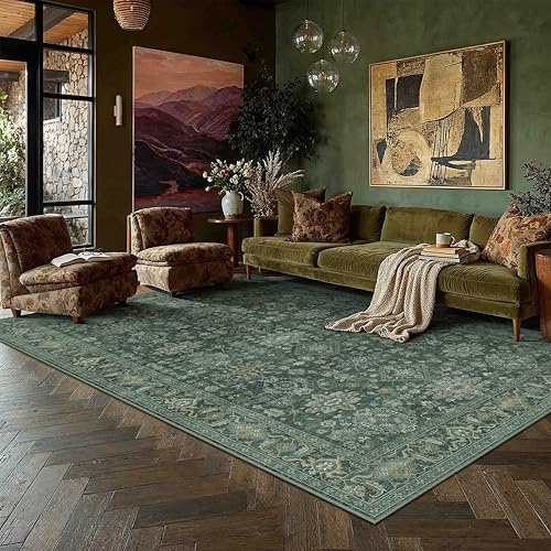 PureCozy Vintage Teppich Wohnzimmer 160x230cm Grün Schlafzimmer | Wohnzimmerteppich Waschbarer Carpet,Weich Rutschfest Teppiche,Esszimmer Büro Kurzflor Groß Tepich Carpets Rug
