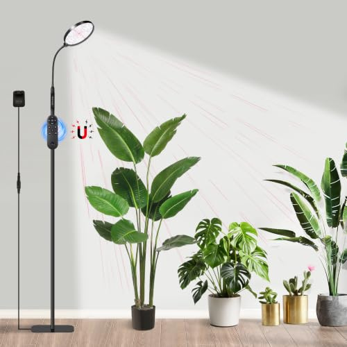 Hywyimlait Bodenleuchte für Zimmerpflanzen, Vollspektrum-Pflanzenlampe mit Ständer für große, hohe Pflanzen, mit 4/8/12/18-Stunden-Timer, 3 Lichtmodi, 10 Dimmstufen, höhenverstellbar, Schwarz