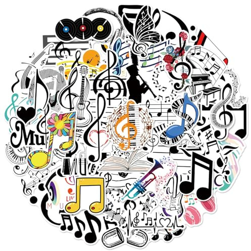 Ovanda 50 Stück Musik Sticker, Notenschlüssel Deko | Colorful Musical Notes Stickers, Wasserdicht MusikAufkleber Scrapbooking Sticker für Laptop Gitarre Auto Motorrad Skateboard