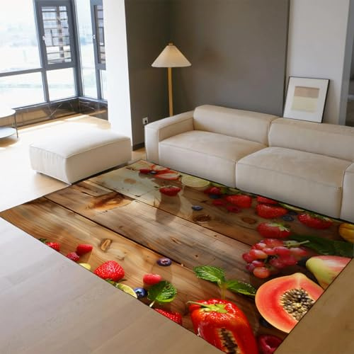 MOKOSAISE Waschbare Teppiche 200x280cm Flächenteppich rustikales Holz Obst waschbarer Teppich Erdbeer-Trauben-Blaubeermuster Rutschfester Teppich niedrigem Flor Küche und Esszimmer Küche Esszimmer