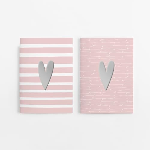 4er Set Notizheft DIN A5 (blanko) in rosa mit 2 verschiedenen Herz-Motiven und jeweils 40 Seiten in weiß mit 120 g Papier. Vorderseite mit hochwertiger Silberfolien-Veredelung.