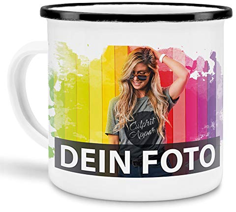 Metall-Tasse selbst gestalten/Personalisierbar mit eigenem Foto oder Text Bedrucken/Fototasse/Motivtasse/Camping/Emaille - Schwarzer Rand