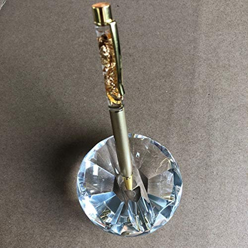 Porta penne con cristallo con penna, perfetto per penna stilografica, accessorio da scrivania e regalo per insegnanti, fermacarte in cristallo (rotondo, con penna a sfera glitterata dorata)
