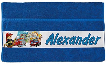 Unikatolo Strandtuch mit Name auf BORDÜRE | Feuerwehr Badetuch, Kinderhandtuch blau, Feuerwehrmann Kindergarten Kita (70 x 140 cm)