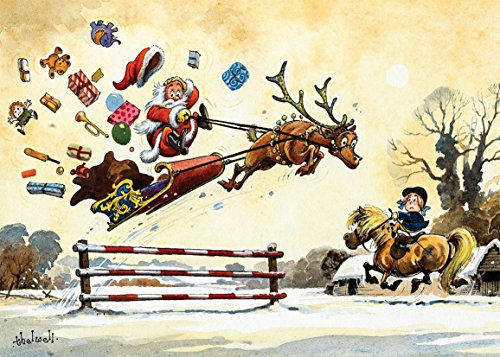 Thelwell Weihnachtskarte Pferd und Pony Springreitender Weihnachtsmann.