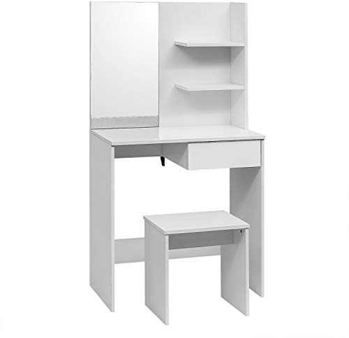 WOLTU Schminktisch mit Hocker und Spiegel, Schreibtisch + Regalsystem + Hocker, Hochglanz Kosmetiktisch, 75x40x138cm, Frisierkommode Schminkspiegel MB6045ws, Weiß