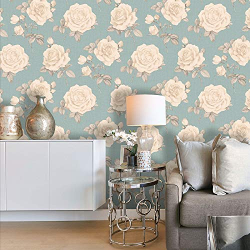Rosa Floral Wallpaper Teal/Cream Belgravia 9763