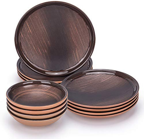 Melamin-Geschirr-Set, unzerbrechliches Geschirr-Set, strapazierfähiges Material, für die tägliche Familien-Buffet-Party, für den Innen- und Außenbereich, BPA-frei (12, braun)