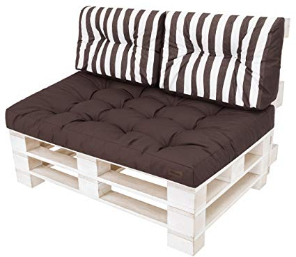 PillowPrim Palettenkissen - Sitzkissen - Komfort für Sofa & Couch - Perfekt für Balkonmöbel & Garten - Weich & langlebig - 120x80 + 2x60x40 cm, Braun mit Streifen