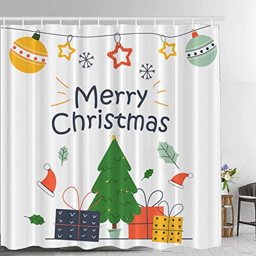 Batmerry Neujahrssymbole Geschenkball Weihnachtsbaum Mistelzweig Duschvorhang, niedlicher Hut, wasserdichter Stoff, Badezimmer-Duschvorhang, maschinenwaschbar mit 182,9 x 182,9 cm.