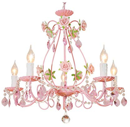 Lampadario 5 Light Pink Gypsy Chandelier, frame Rosa in metallo con cristalli rosa chiaro acrilico Ferro battuto Rose ragazze in camera da letto H20.5 W 23.6