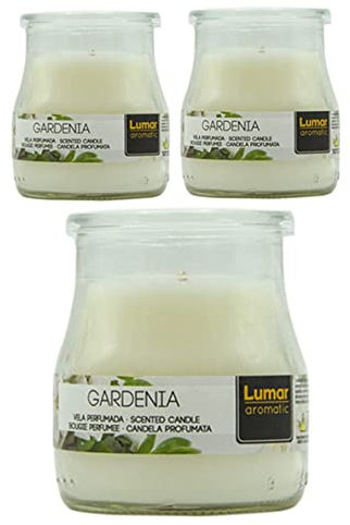 Velas aromáticas en vaso de yogurt cristal con tapa PlusHome (Gardenia, Pack 3)