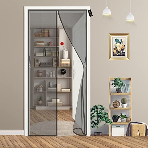 Fly Screen Door 105x220cm(41x87inch) Keep Insects Out Mosquito Door, Screen Without Drilling Top-to-Bottom Seal Automatically for Balcony Sliding Doors Living Room Black