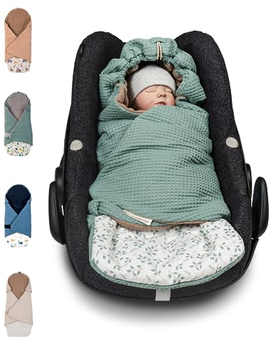 ULLENBOOM Einschlagdecke Babyschale Sommer, Aus 100% OEKO-TEX Materialien - Floral-Grün (Made in EU) - Babydecke für Autositz, Babywanne oder Kinderwagen, kuschelige Decke für Babys (0 bis 9 Monate)