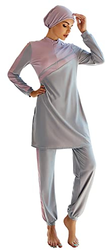 OBEEII Muslimischer Badeanzug für Damen, Dreiteiliger Einfarbiges Oberteil + Hose +Hijab Halstuch, Volle Abdeckung Damenmode Sexy Bikini-Set Sommerliches arabisches Langarm-Badeanzug-Setc Grau B L