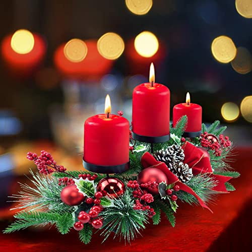 71,1 cm Weihnachts-Kerzenhalter mit DREI Ablagen, rote Kugeln, natürliche Tannenzapfen, rote Beeren, grüne Blätter, Stechpalmen, Fichtenzweige, Tannennadeln
