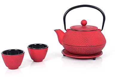Echtwerk Tetera de hierro fundido de 0,8 l con colador extraíble, tetera con platillo y 2 tazas de té, estilo vintage para té suelto Rojo