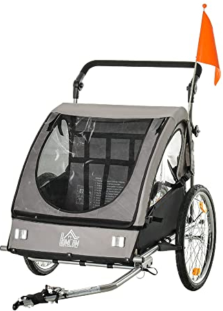 HOMCOM 2 in 1 Kinderanhänger Anhänger 360° Drehbar Fahrradanhänger 2 Kinder Buggy Kinderwagen mit Fünf-Punkt-Sicherheitsgurt Joggerfunktion Metall Oxford Grau+Schwarz 160 x 84 x 106 cm