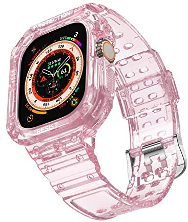 VeveXiao Funda resistente compatible con Apple Watch Ultra de 49mm correas de repuesto para iWatch Ultra de 49mm correa para hombres y mujeres (49mm, Rosa transparente)