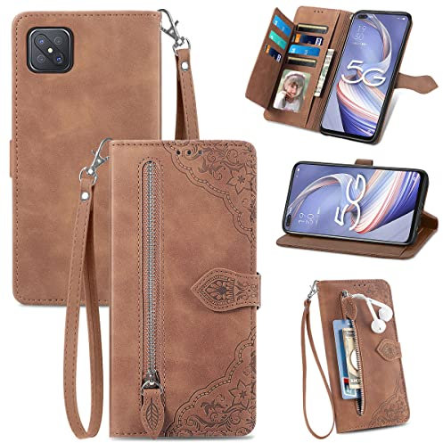 MOJIA Geldbörse Hülle für Oppo Reno4 Z 5G (Reno 4Z), Sanft PU Klapphülle Handyhülle, Stoßfest Schutzhülle mit Handschlaufe Kartenfach und Standfunktion. Braun