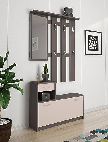 Dmora Ingresso Clint, Entratina Moderna con Specchio, Mobile con scarpiera, Armadietto Multifunzione, 100x25h180 cm, Bianco e Antracite, Chipboard in melamina
