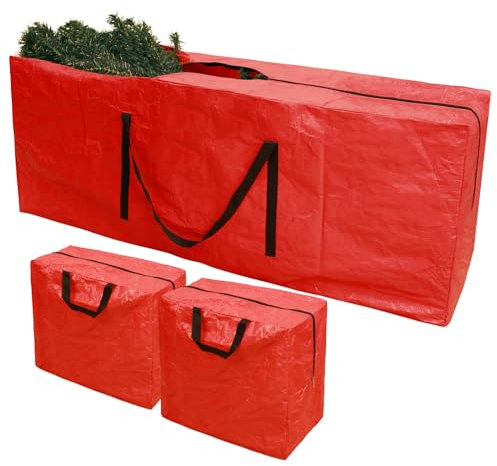 PATIO PLUS 7 FT Christmas 3pc Decoration Storage, Easy to Store Christmas Tree Storage with Full Zipper Wipe Clean Surface Large Bag for Xmas Tree and Decorations,Red