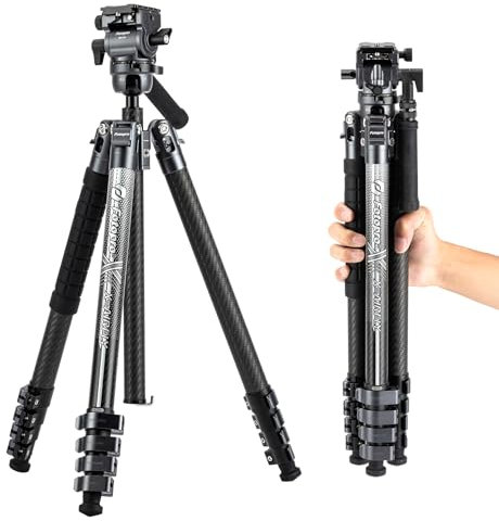 Fotopro X-Airfly Video 64.5 Inch Lightweight Travel Camera Tripod with Fluid Head Panoramic Ball Head 2.95lb Expandable Portable Compact Carbon Fiber Tripod for Camera DSLR Load up to 33lb Grey