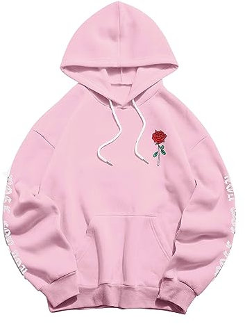 Yowablo Pullover in Kastenform Damen-Kapuzenpullover „Rose For You“ mit Buchstaben-Rose-Aufdruck, langärmelig und Taschen Dicker Schlafanzug Kinder (Pink, XXL)