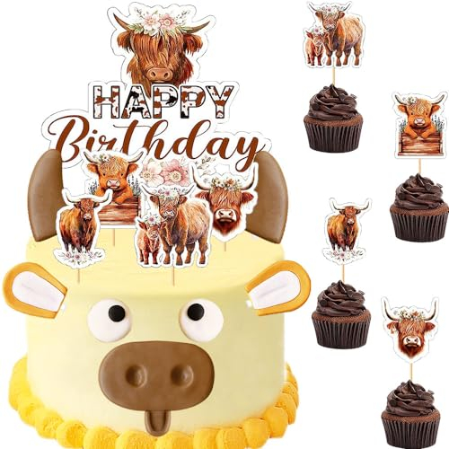 SUNSK Tortendeko Hochlandkuh Kuchendekoration Hochlandrinder Happy Birthday Cake Topper Tier Cupcake Toppers für Baby Shower Geburtstag Deko