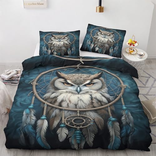 GEDAEUBA Winter Bettwäsche 200x220 Eule - Traumfänger Bettbezug 200 x 220 3 teilig, Wendebettwäsche und Kissenbezug 80x80, Weiche & Angenehme & Warme Mikrofaser Bettwäsche-Sets mit Reißverschluss